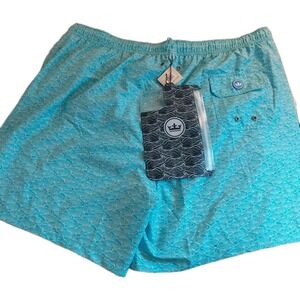 NEW! Peter Millar Ocean Traffic Fish Print Swim Trunks & Pouch Blue Sz XXL $100